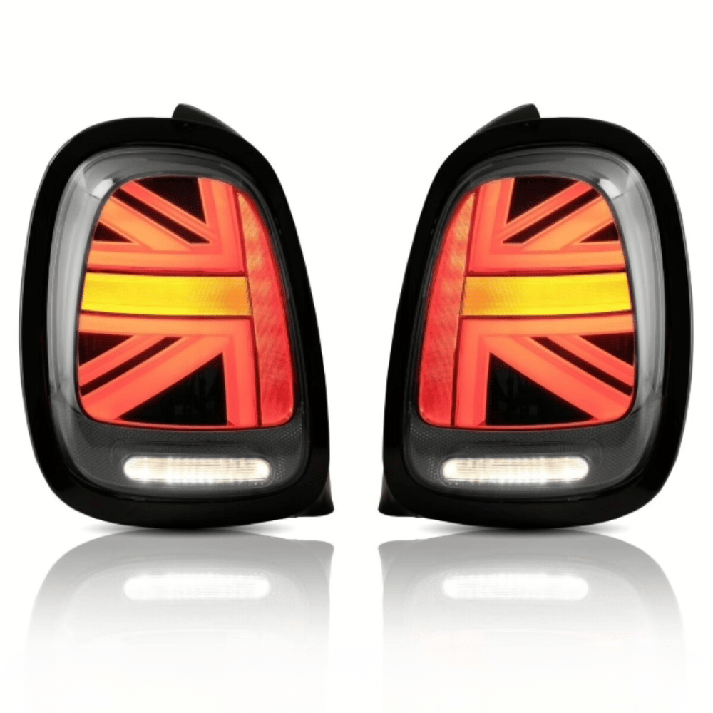 Mini F55 F56 F57 LED Rückleuchten Smoke Schwarz mit dynamischem Blinker (2014–2020) – Union Jack Lightbar, Plug & Play, E‑Prüfzeichen