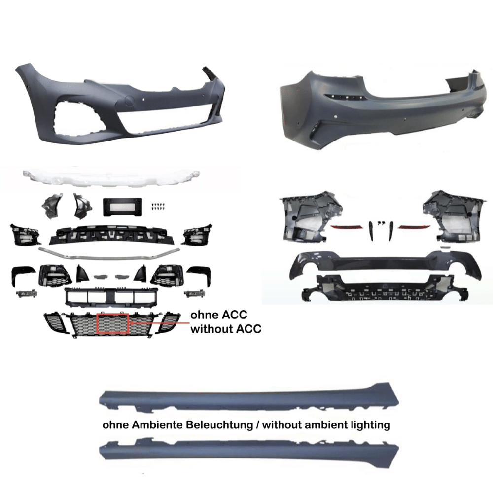Stoßstangen Kit vorne und hinten im Sport-Design inkl. Seitenschweller mit PDC-Bohrungen und Parkassistent v. und h., ohne ACC passend für BMW 3er, G20, Bj. 2019-