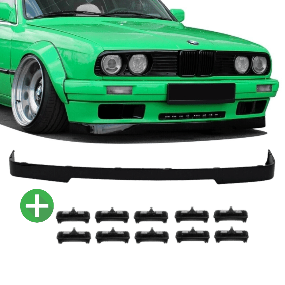 Etuspoilerin huuli maalattu kiiltävän mustaksi + 10x kiinnitysklipsit 87-94 soveltuvat BMW E30 on IS -pakkaukseen
