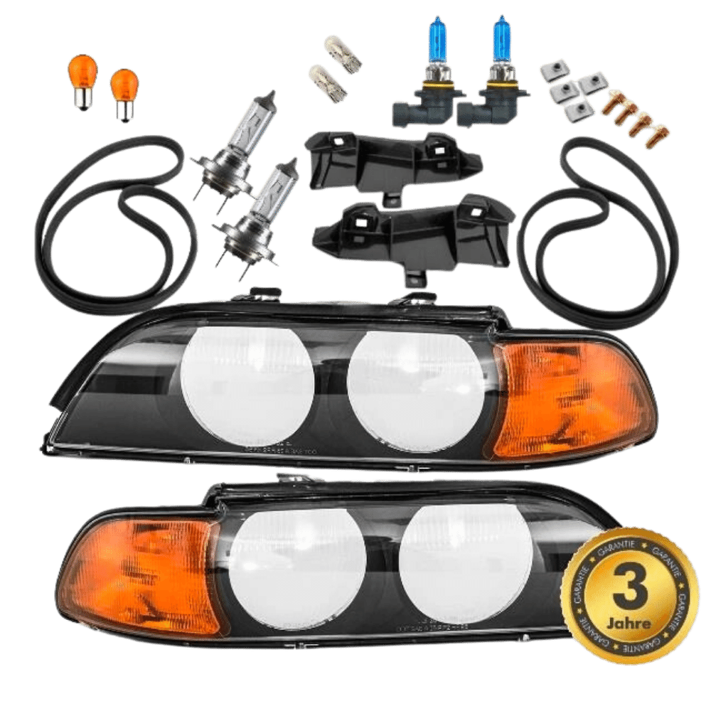 2x SCHEINWERFER Schwarz HB3/H7+Blinker Orange+8tlg. Set Birnen passt für BMW E39