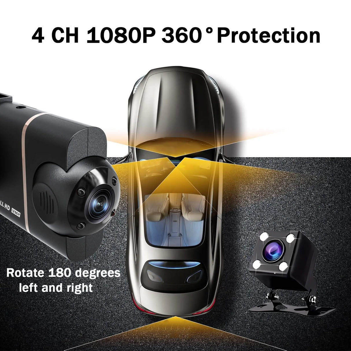 4-Kanal Auto Dashcam 1080P - Komplett-Set mit Rückkamera, WLAN + Hardwire Kit + 128GB SD-Karte