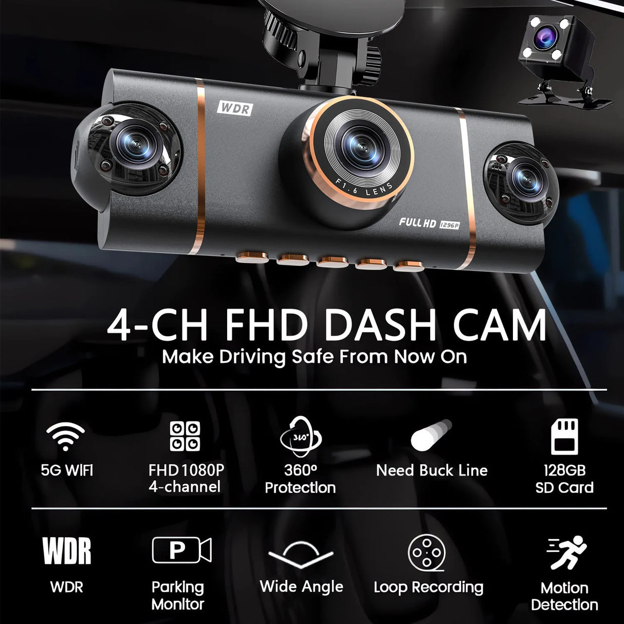 4-Kanal Auto Dashcam 1080P - Komplett-Set mit Rückkamera, WLAN + Hardwire Kit + 128GB SD-Karte