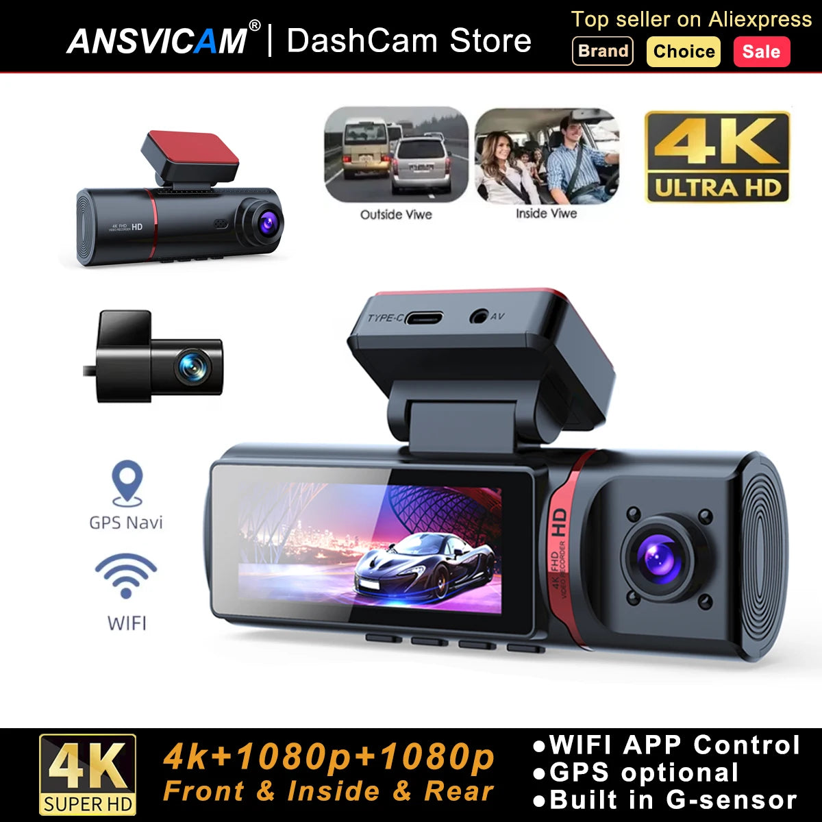 3-Kanal Auto Dashcam 4K - Front/Innen/Rück Überwachung mit GPS & WLAN + Hardwire Kit