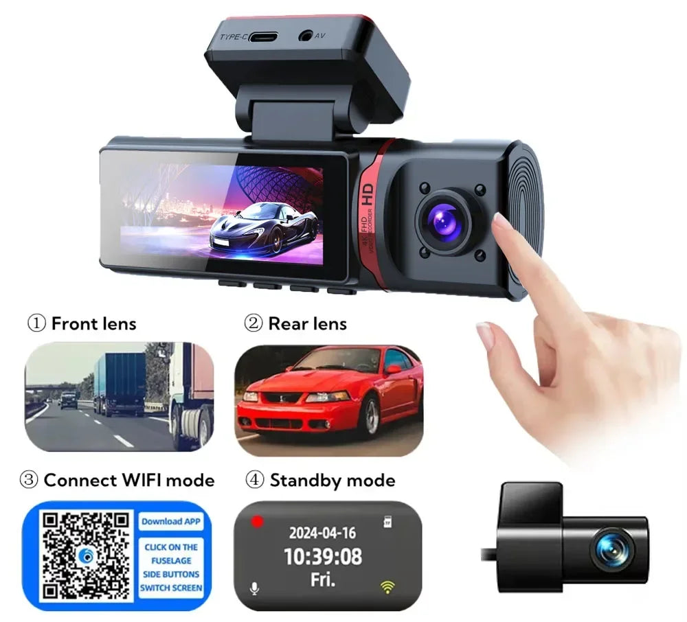 3-Kanal Auto Dashcam 4K - Front/Innen/Rück Überwachung mit GPS & WLAN + Hardwire Kit