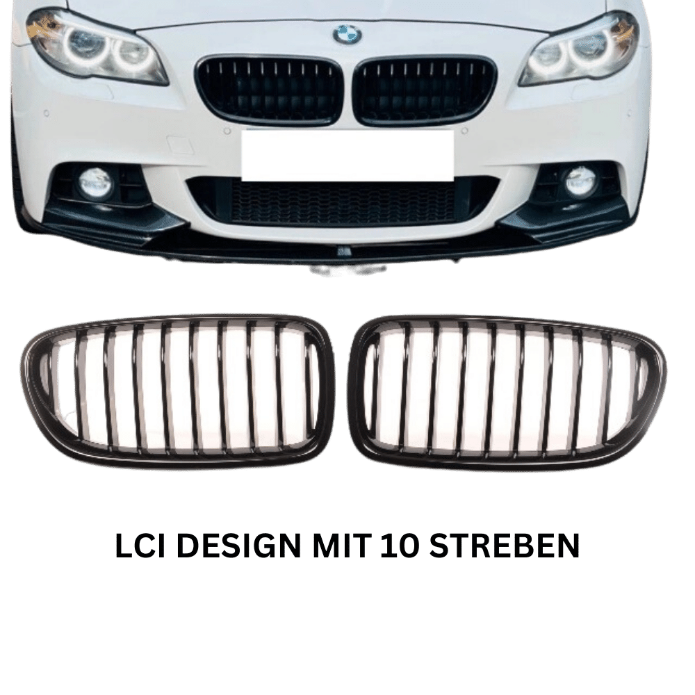 2x Kühlergrill Grill Schwarz Glanz Klavierlack 10 Streben LCI Design passend für BMW F10 F11 auch M M5 - CarWorlds GmbH