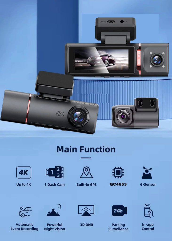 3 - Kanal Auto Dashcam 4K - Front/Innen/Rück Überwachung mit GPS & WLAN + Hardwire Kit - CarWorlds GmbH
