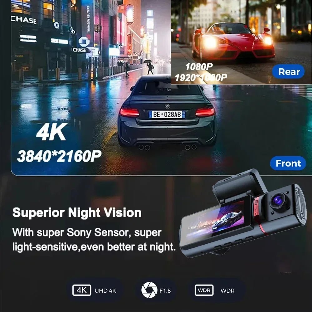 3 - Kanal Auto Dashcam 4K - Front/Innen/Rück Überwachung mit GPS & WLAN + Hardwire Kit - CarWorlds GmbH