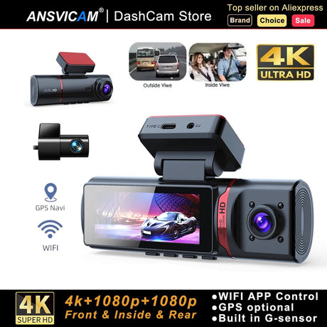 3 - Kanal Auto Dashcam 4K - Front/Innen/Rück Überwachung mit GPS & WLAN + Hardwire Kit - CarWorlds GmbH