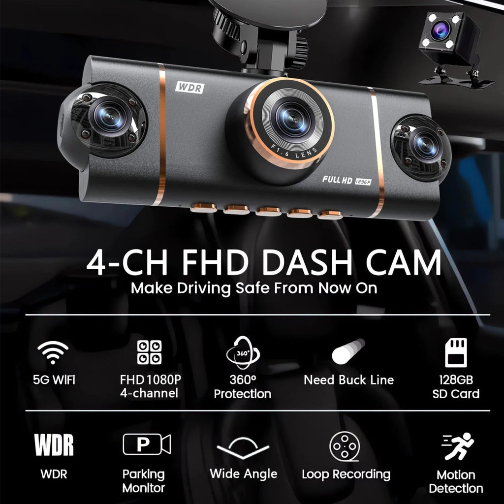 4 - Kanal Auto Dashcam 1080P - Komplett - Set mit Rückkamera, WLAN + Hardwire Kit + 128GB SD - Karte - CarWorlds GmbH