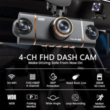 Laden Sie das Bild in den Galerie-Viewer, 4 - Kanal Auto Dashcam 1080P - Komplett - Set mit Rückkamera, WLAN + Hardwire Kit + 128GB SD - Karte - CarWorlds GmbH