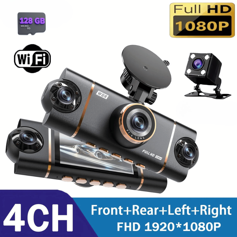 4 - Kanal Auto Dashcam 1080P - Komplett - Set mit Rückkamera, WLAN + Hardwire Kit + 128GB SD - Karte - CarWorlds GmbH