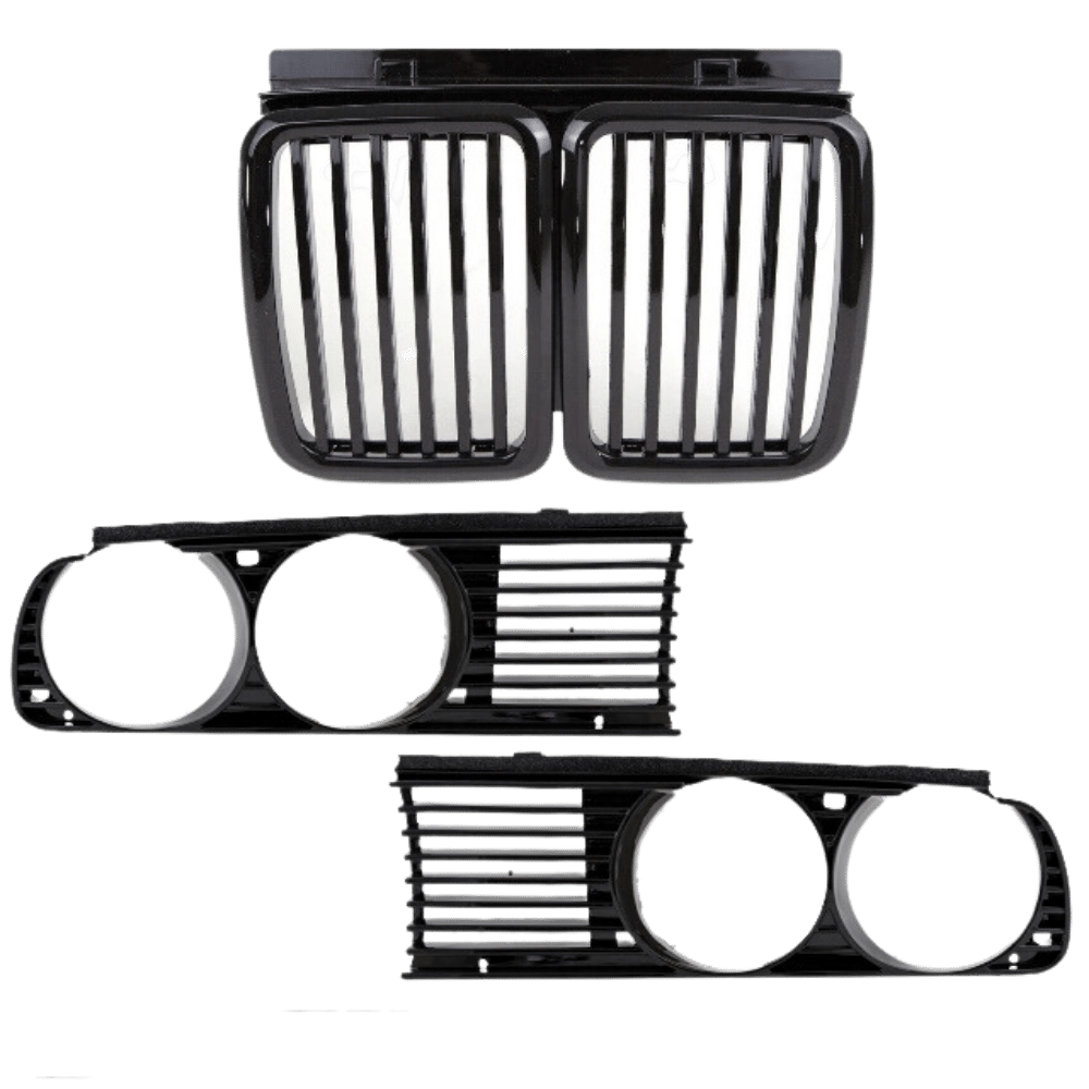 Set Scheinwerferblenden +Kühlergrill hochglanz schwarz passt für BMW 3er E30 ab Facelift 1987-1992