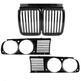 Set Scheinwerferblenden +Kühlergrill hochglanz schwarz passt für BMW 3er E30 ab Facelift 1987-1992