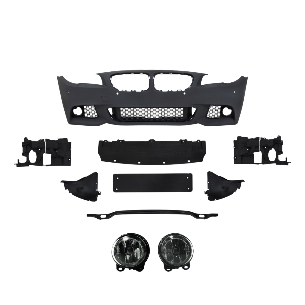 Frontstoßstange im Sport-Design mit PDC-Bohrungen, SRA und Nebelscheinwerfern passend für 5er F10 Limousine Baujahr 01.2010-06.2015 und F11 Touring ab Baujahr 04.2010-