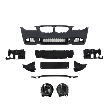 Frontstoßstange im Sport-Design mit PDC-Bohrungen, SRA und Nebelscheinwerfern passend für 5er F10 Limousine Baujahr 01.2010-06.2015 und F11 Touring ab Baujahr 04.2010-