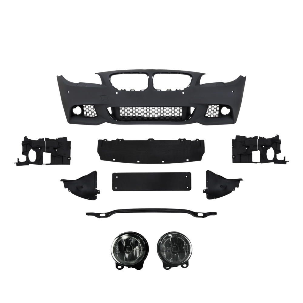 Front bumper in sports design with PDC holes, SRA and fog lights suitable for 5 Series F10 Sedan built 01.2010-06.2015 and F11 Touring built 04.2010-