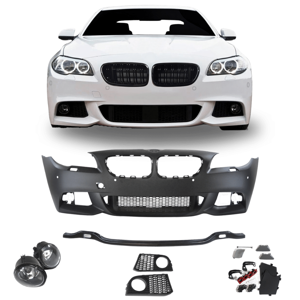 Front bumper in sports design with PDC holes, SRA and fog lights suitable for 5 Series F10 Sedan built 01.2010-06.2015 and F11 Touring built 04.2010-