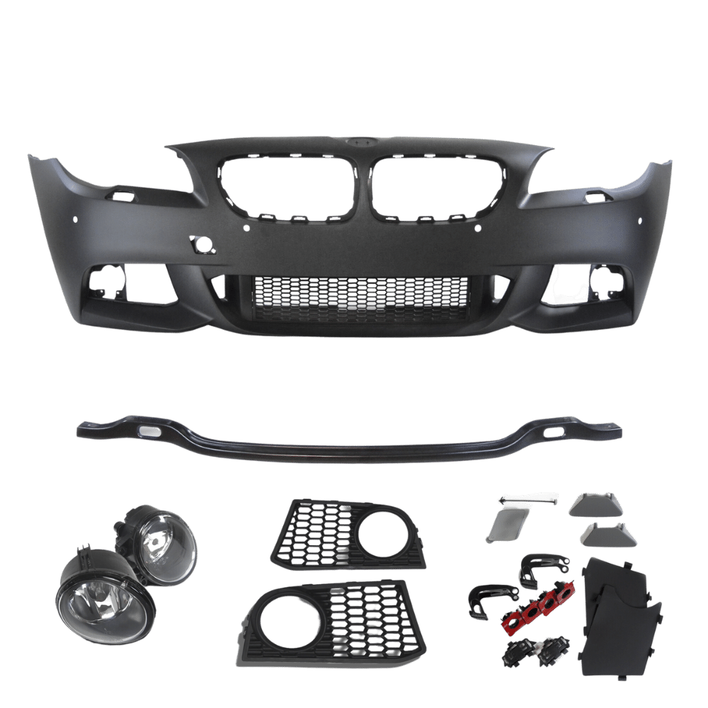 Frontstoßstange im Sport-Design mit PDC-Bohrungen, SRA und Nebelscheinwerfern passend für 5er F10 Limousine Baujahr 01.2010-06.2015 und F11 Touring ab Baujahr 04.2010-