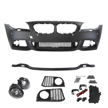 Frontstoßstange im Sport-Design mit PDC-Bohrungen, SRA und Nebelscheinwerfern passend für 5er F10 Limousine Baujahr 01.2010-06.2015 und F11 Touring ab Baujahr 04.2010-