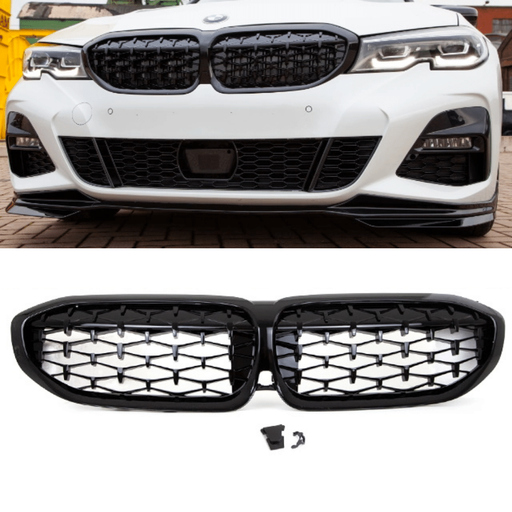 Set Diamant Wabengrill Kühlergril Schwarz Glanz Sport passt für BMW 3er G20 G21