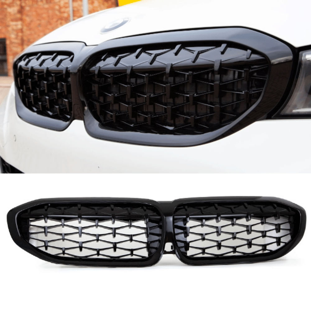 Set Diamant Wabengrill Kühlergril Schwarz Glanz Sport passt für BMW 3er G20 G21