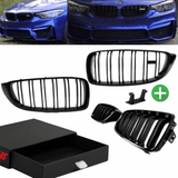 2x Kühlergrill Schwarz Glanz Doppelsteg +Emblemhalter passend für BMW 4er F32 F33 F36 auch M4 + M alle Modelle