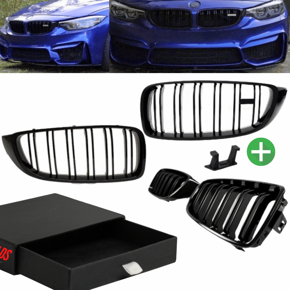 2x Radiator Grille Black Gloss Double Bar + Emblem Holder suitable for BMW 4 Series F32 F33 F36 also M4 + M all models