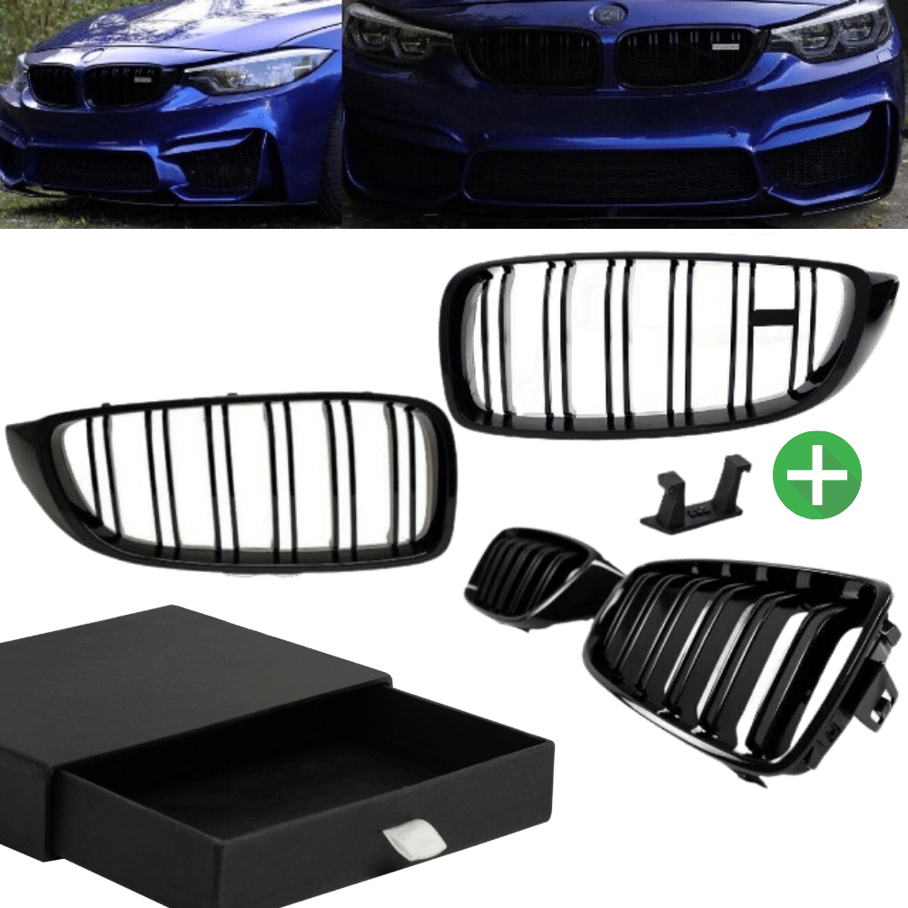 2x Kühlergrill Schwarz Glanz Doppelsteg +Emblemhalter passend für BMW 4er F32 F33 F36 auch M4 + M alle Modelle