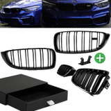 2x Kühlergrill Schwarz Glanz Doppelsteg +Emblemhalter passend für BMW 4er F32 F33 F36 auch M4 + M alle Modelle