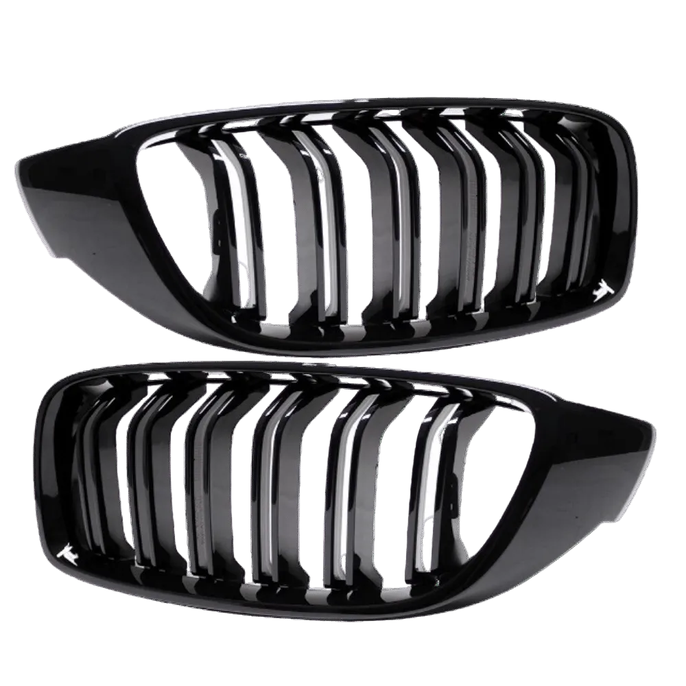 2x Radiator Grille Black Gloss Double Bar + Emblem Holder suitable for BMW 4 Series F32 F33 F36 also M4 + M all models