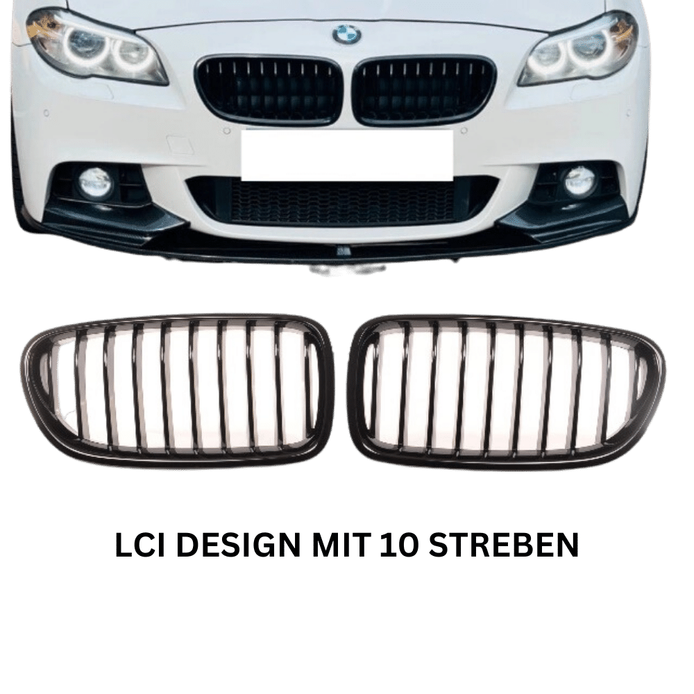 2x Kühlergrill Grill Schwarz Glanz Klavierlack 10 Streben LCI Design passend für BMW F10 F11 auch M M5