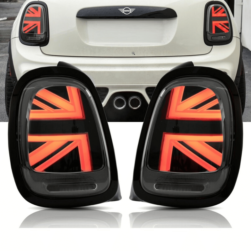 Mini F55 F56 F57 LED Rückleuchten Smoke Schwarz mit dynamischem Blinker (2014–2020) – Union Jack Lightbar, Plug & Play, E‑Prüfzeichen