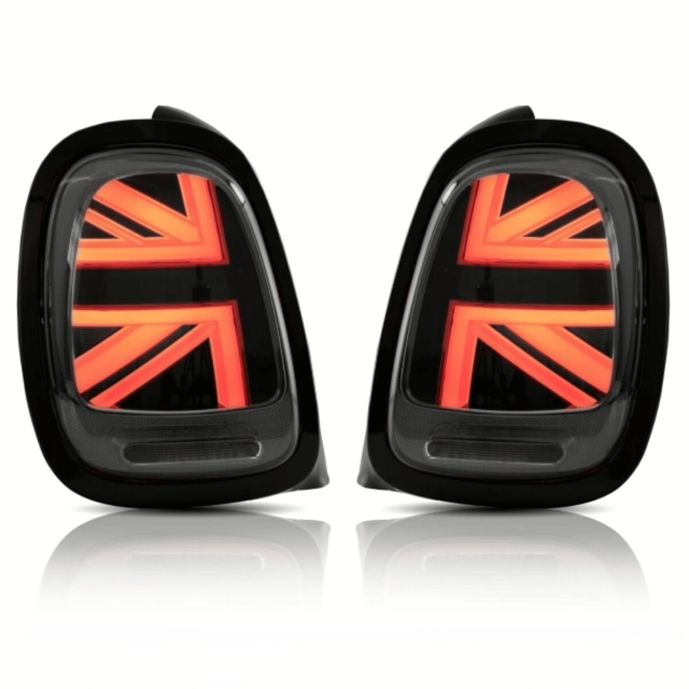 Mini F55 F56 F57 LED Rückleuchten Smoke Schwarz mit dynamischem Blinker (2014–2020) – Union Jack Lightbar, Plug & Play, E‑Prüfzeichen