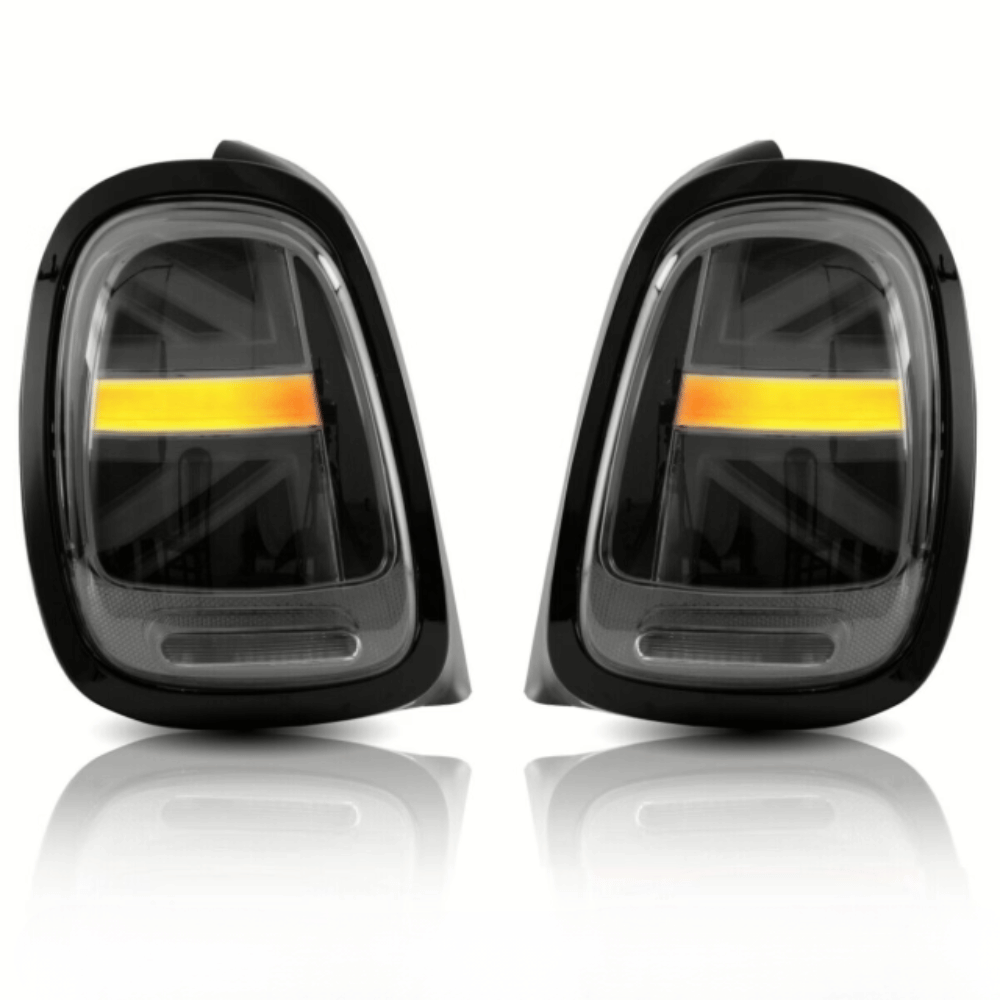 Mini F55 F56 F57 LED Rückleuchten Smoke Schwarz mit dynamischem Blinker (2014–2020) – Union Jack Lightbar, Plug & Play, E‑Prüfzeichen