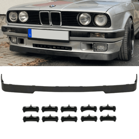 Frontspoiler Lippe vorne Schwarz glanz lackiert+ 10x Montage Clips 87-94 passend für BMW E30 auf IS Paket