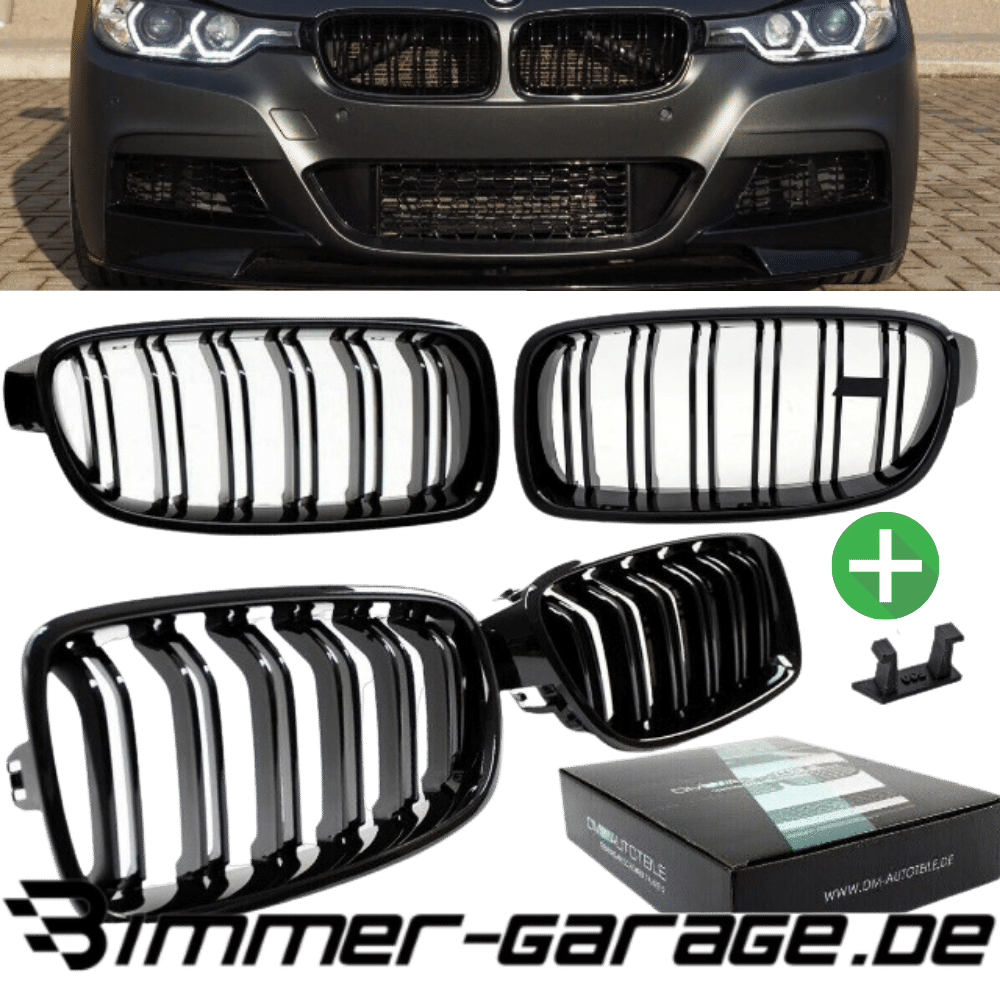 Kühlergrill Grill Schwarz Glanz Doppelsteg Sport passend für BMW 3er F30 F31 alle Modelle 2011-2019 +Emblemhalter