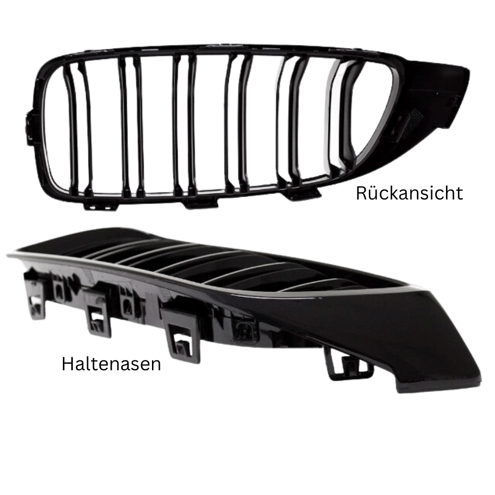 2x Radiator Grille Black Gloss Double Bar + Emblem Holder suitable for BMW 4 Series F32 F33 F36 also M4 + M all models