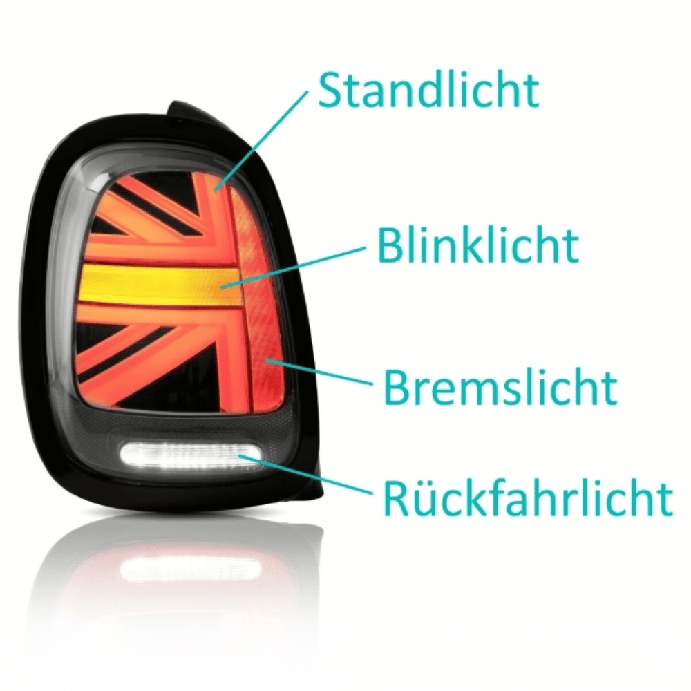 Mini F55 F56 F57 LED Rückleuchten Smoke Schwarz mit dynamischem Blinker (2014–2020) – Union Jack Lightbar, Plug & Play, E‑Prüfzeichen