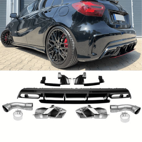 Heckdiffusor Set Schwarz + Rote Leiste & Blenden - Passend für Mercedes A - Klasse W176 - CarWorlds GmbH