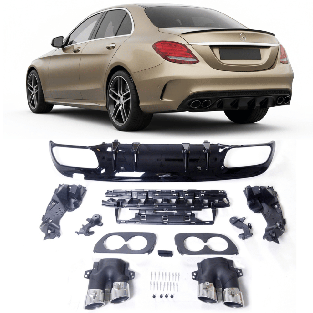 Sport - Heckdiffusor Schwarz glänzend mit Chrom - Blenden für Mercedes C - Klasse W205/S205 AMG - Line (2014 - 2018) - CarWorlds GmbH