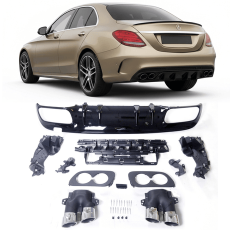 Sport - Heckdiffusor Schwarz glänzend mit Chrom - Blenden für Mercedes C - Klasse W205/S205 AMG - Line (2014 - 2018) - CarWorlds GmbH