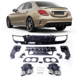 Sport - Heckdiffusor Schwarz glänzend mit Chrom - Blenden für Mercedes C - Klasse W205/S205 AMG - Line (2014 - 2018) - CarWorlds GmbH