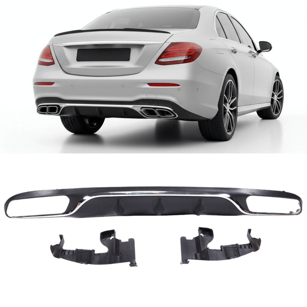Sport - Heckdiffusor Schwarz Matt Chrom - Passend für Mercedes E - Klasse W213 Limousine & S213 T - Modell 2016 - 2020 - CarWorlds GmbH