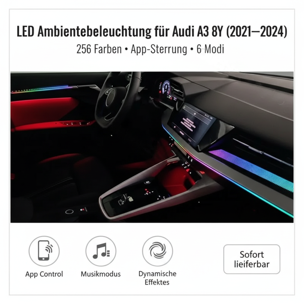 Audi A3 8Y LED Ambientebeleuchtung Set (2021–2024) – 256 Farben, App-Steuerung, 6 Modi, dynamische Effekte